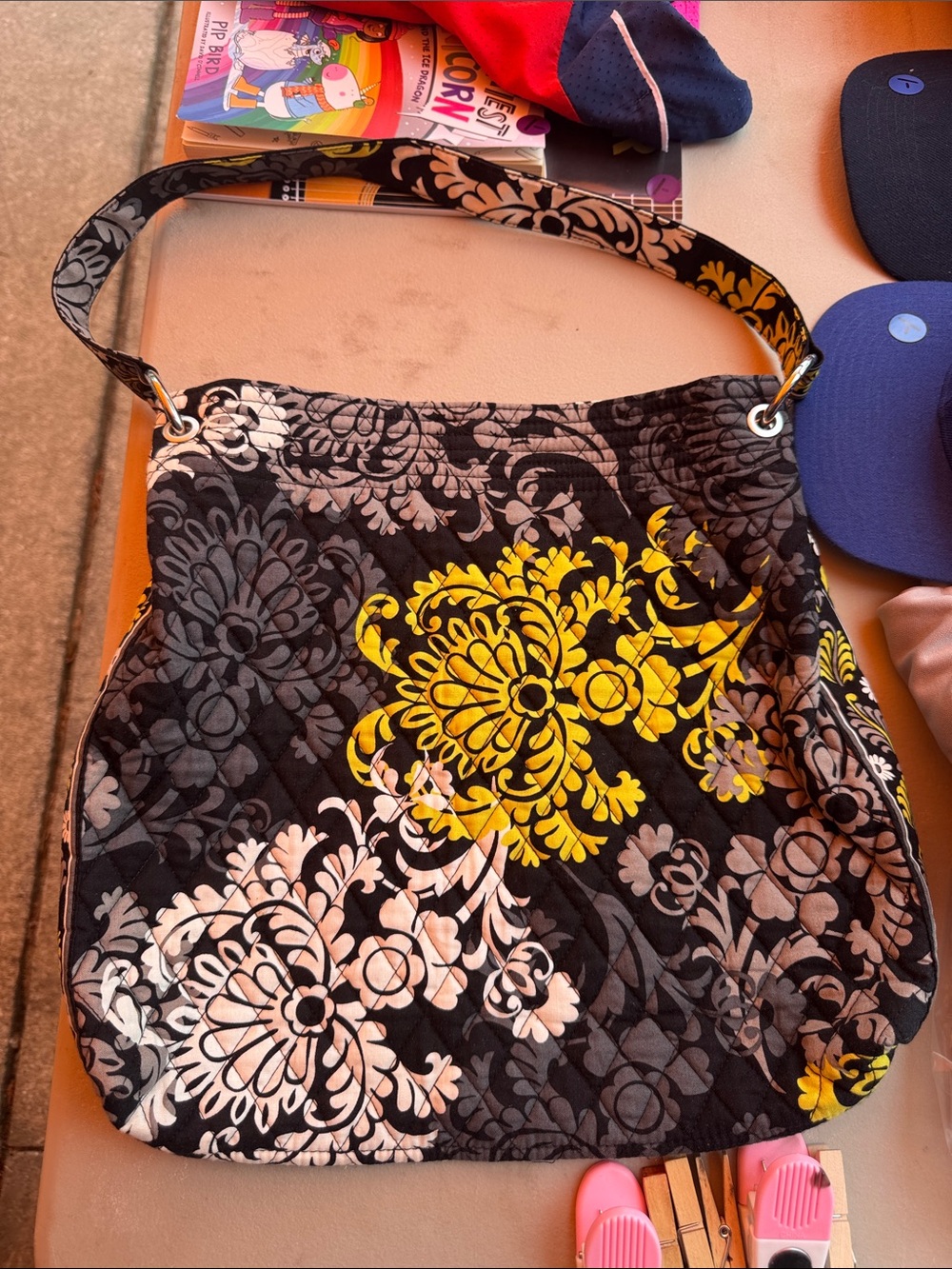 Vera Bradley Quilted Floral Shoulder Bag in Black, Gray & Yellow